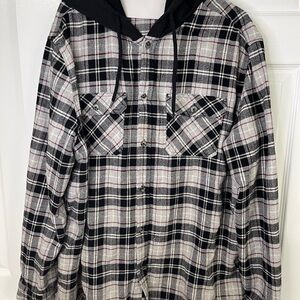 George Hooded Flannel Shirt Jacket Large Plaid Black Gray Hoodie Shacket